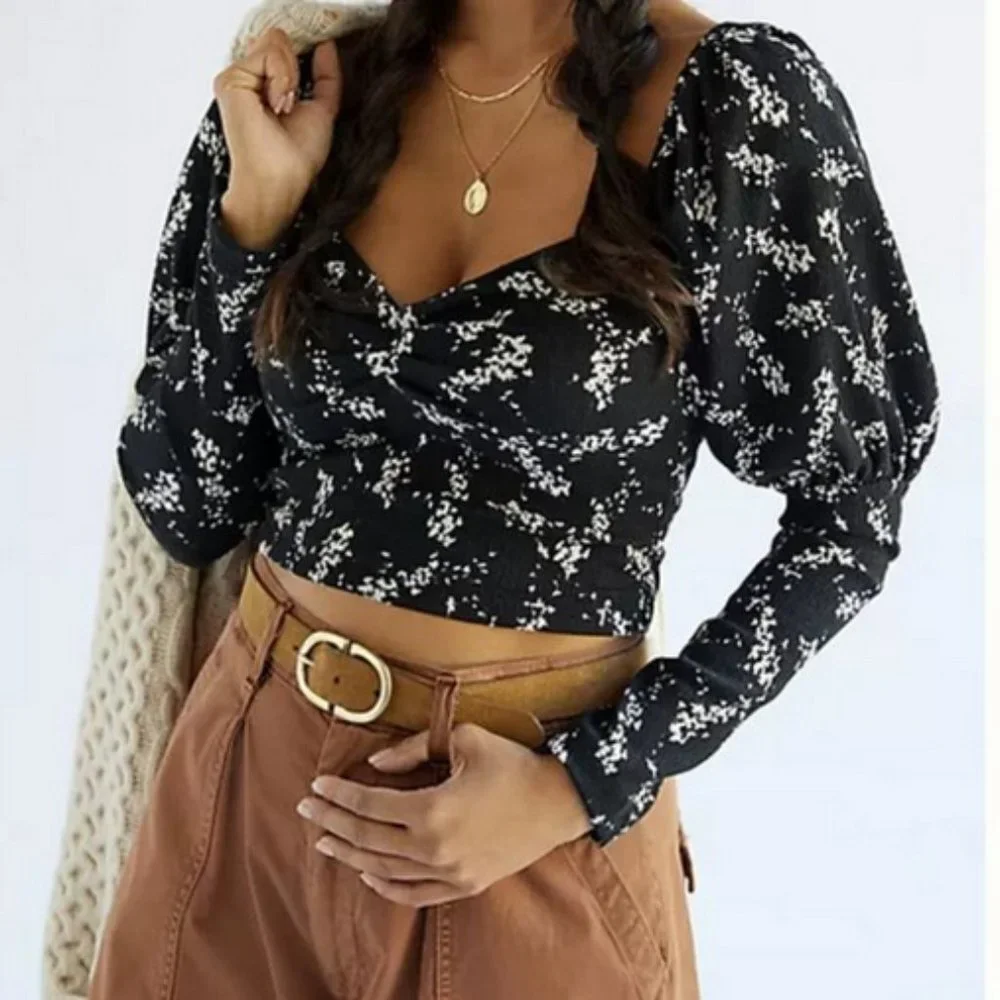 Anthropologie 3X NWT Sweetheart Top Black Motif Puff Sleeves Blouse